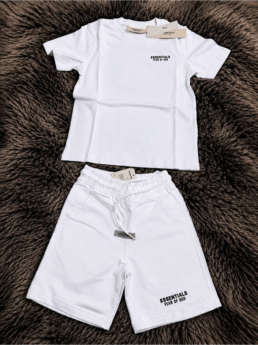 Kids Fear of God ESSENTIALS white Tee and Shorts Set